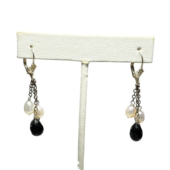 Sterling Silver Dangle Earrings Black Onyx Teardrop Freshwater Pearl Drop - Picture 3 of 6
